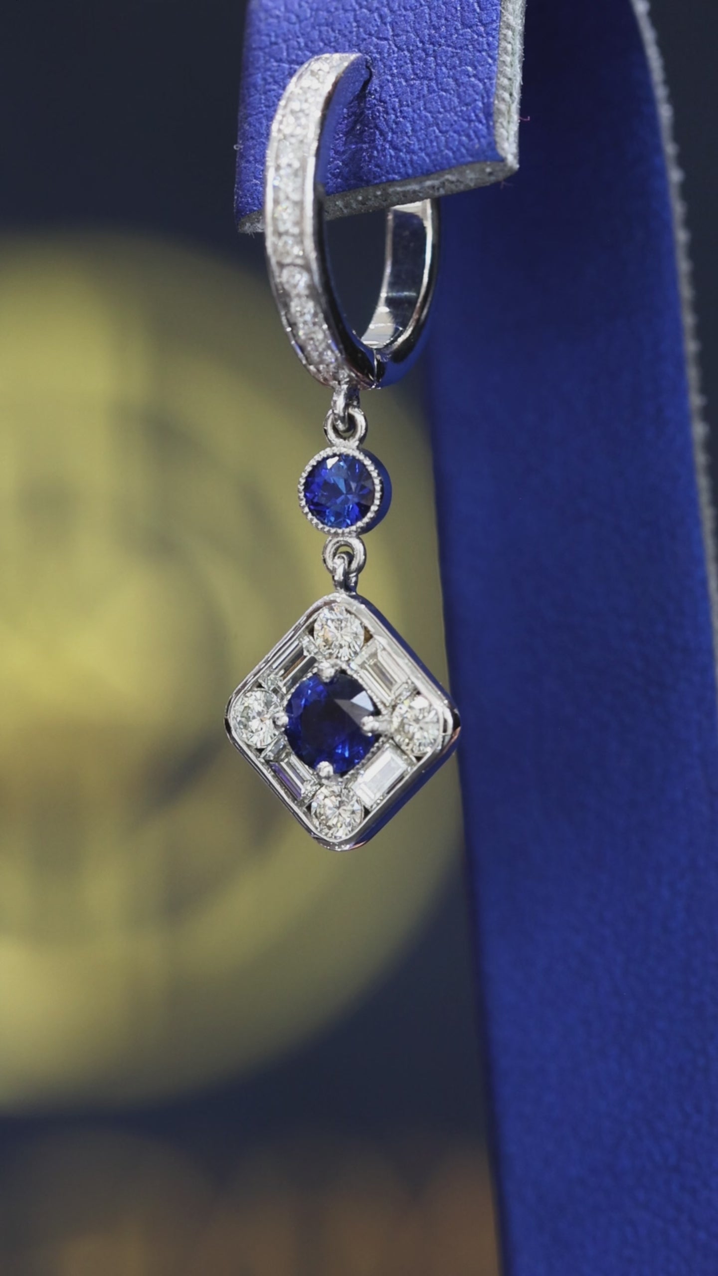 Natural sapphire diamond geometric drop earrings in 14K white gold with 0.90CT sapphires and 0.82CT G-H SI diamonds – Houston fine jewelry by Endless Diamonds.