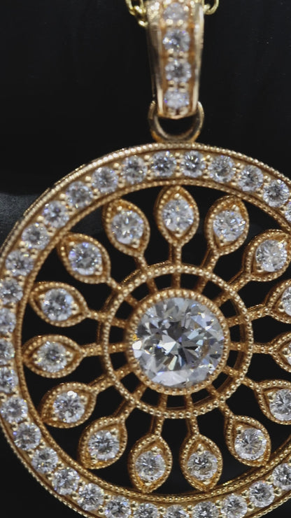 Natural Diamond Circular Medallion Necklace in Yellow Gold | Vintage Halo Design