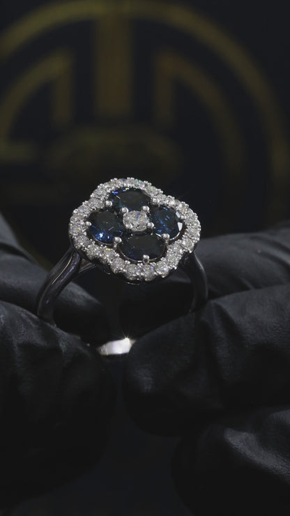 Sapphire & Diamond Cluster Halo Ring in White Gold | 2.90 CT Sapphire + .45 CTW Diamonds