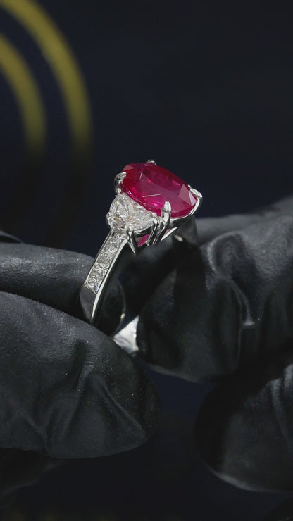 GIA Certified Natural Oval Ruby & Diamond Engagement Ring in Platinum | Classic Three-Stone Design