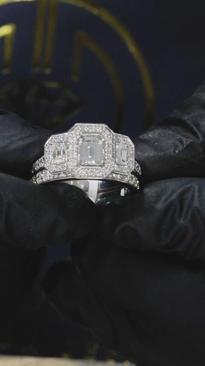 Natural Emerald-Cut Diamond Halo Engagement Ring with Double Halo Accents in White Gold | Luxe Statement Design