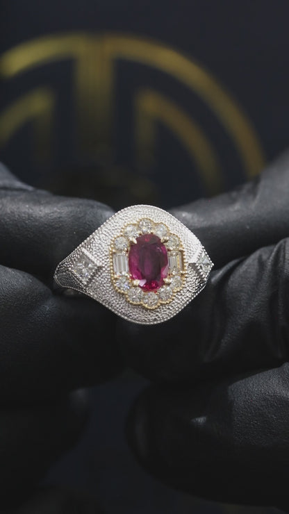 Regal Oval Ruby Pavé Dome Ring in White Gold | Scalloped Halo & Diamond-Set Shoulders