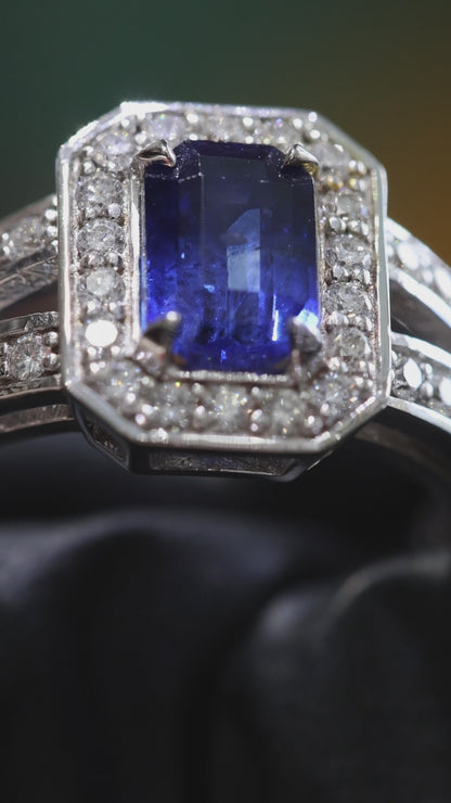 Sapphire & Diamond Halo Ring in White Gold | 2.04 CTW