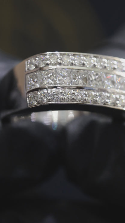 Princess Cut & Round Diamond Triple Row Band in 14k White Gold | 1.79 CTW
