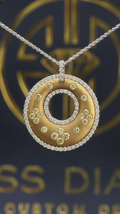 Natural Fancy Yellow Diamond Open Circle Pendant with Pavé Halo in Two-Tone Gold | Modern Luxury Design