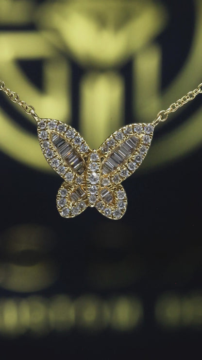Natural Diamond Butterfly Necklace in Yellow Gold | Baguette & Round Diamond Design