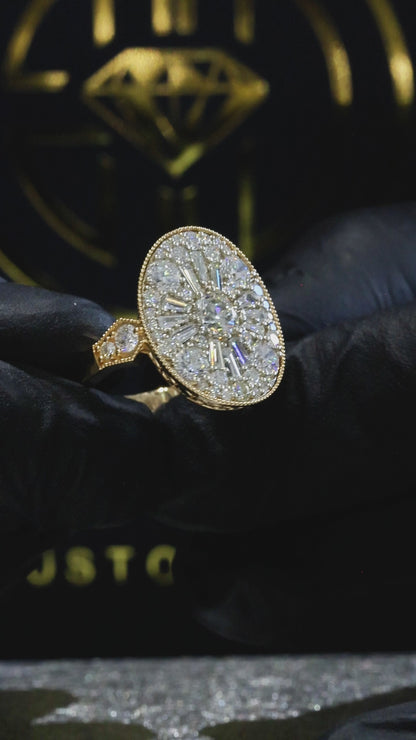 Oval Diamond Mosaic Halo Ring with Mixed-Cut Design in Two-Tone Gold | Elegant Statement Style