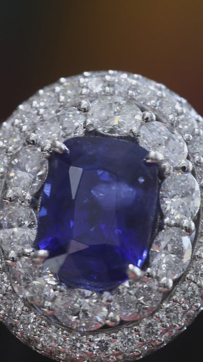 Blue Sapphire & Diamond Halo Ring in White Gold | 7.18 CTW