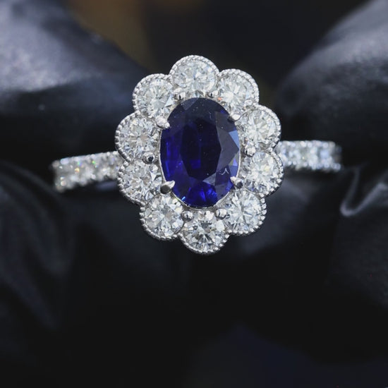 Natural Sapphire Diamond Floral Halo Ring 14K White Gold | 0.78 CT Houston Jeweler