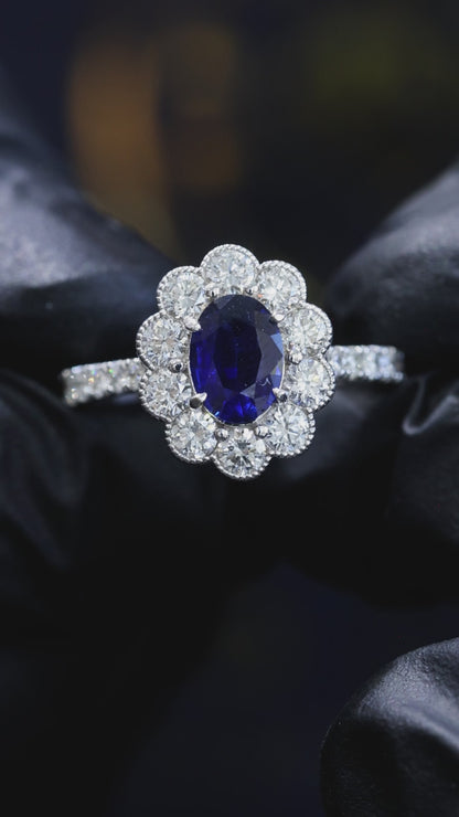 Natural Sapphire Diamond Floral Halo Ring 14K White Gold | 0.78 CT Houston Jeweler