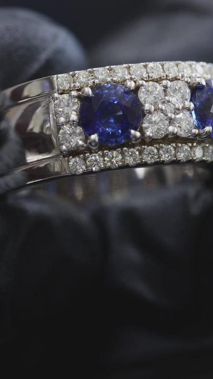 Blue Sapphire & Diamond Half Eternity Band in White Gold | 4.05 CTW
