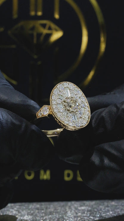Natural Fancy Brown Diamond Oval Halo Ring with Mixed-Cut Mosaic in Yellow Gold | Vintage-Inspired Statement Design