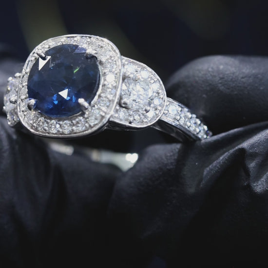 Natural Diamond ring with a blue sapphire gemstone 2.17ct Houston Jeweler 14k White Gold