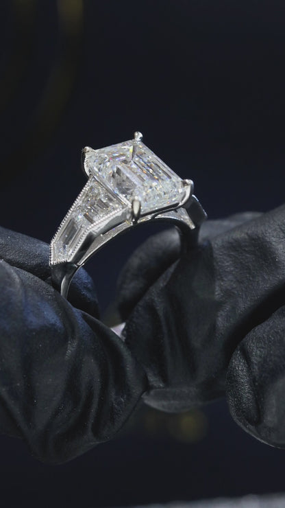 Emerald-Cut Lab-Grown Diamond Three-Stone Engagement Ring in White Gold | Architectural Luxury Design
