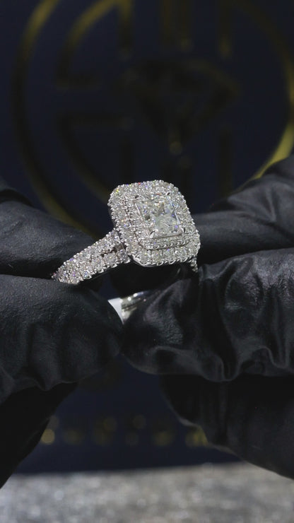 GIA Certified Natural Princess Cut Diamond Engagement Ring with Double Halo & Split Pavé Band in White Gold