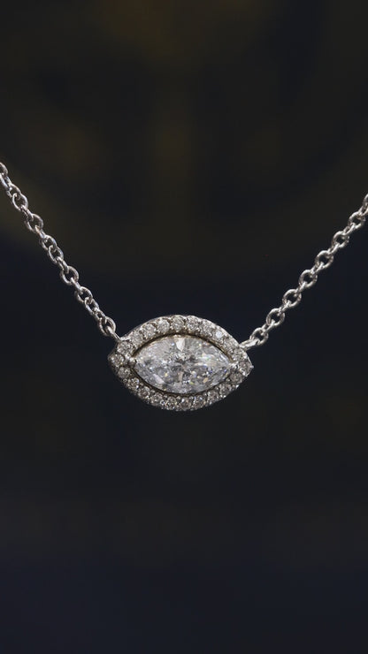 Natural Diamond Marquise Halo Pendant Necklace in White Gold | Open Gallery Design