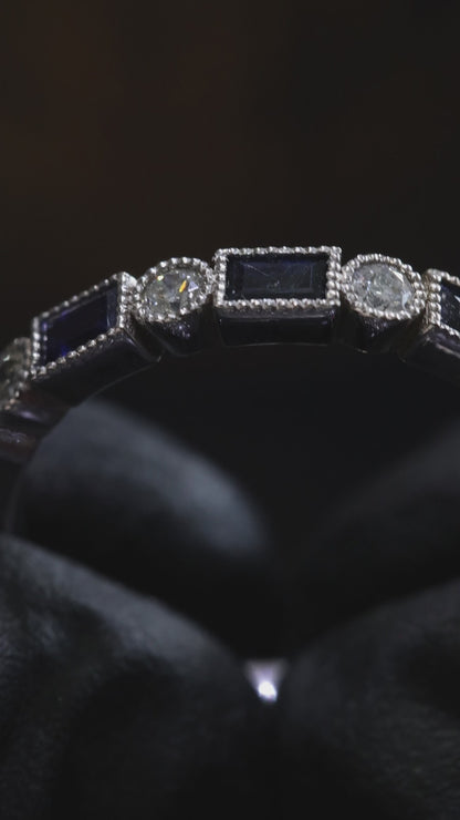 Bezel Blue Sapphire & Diamond Half Eternity Band in White Gold | .50 CTW