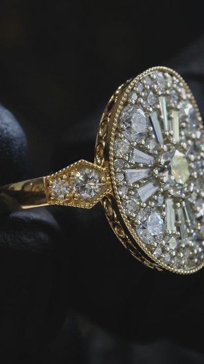 Oval Diamond Mosaic Halo Ring with Mixed-Cut Design in Two-Tone Gold | Elegant Statement Style