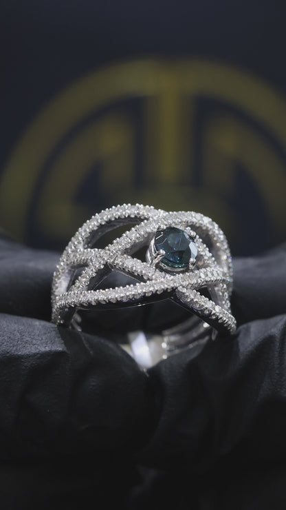 Sapphire & Diamond Crisscross Ring in White Gold | .55 CT Sapphire + .80 CTW Diamonds