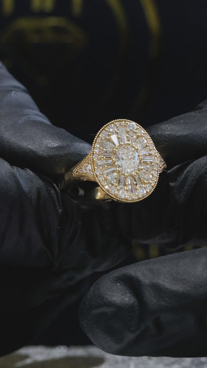 Natural Diamond Oval Halo Mosaic Ring with Mixed-Cut Starburst in Yellow Gold | Vintage-Inspired Statement Design