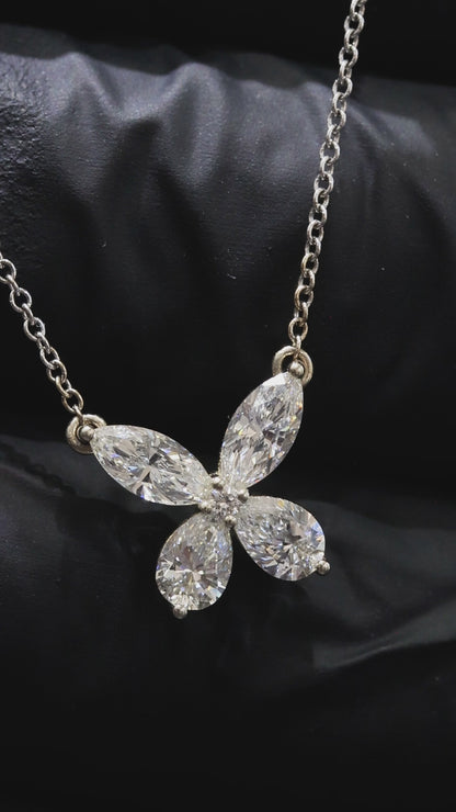 Natural Diamond Butterfly Pendant Necklace in White Gold | Marquise Cluster Design