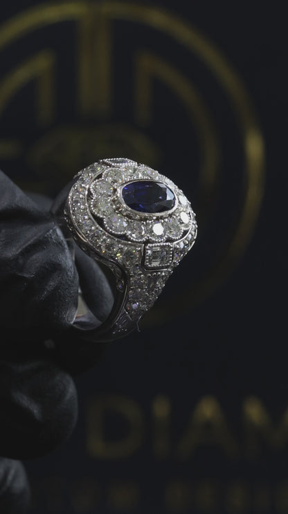 Sapphire & Diamond Halo Ring in White Gold | 1.32 CT Sapphire + 2.41 CTW Diamonds