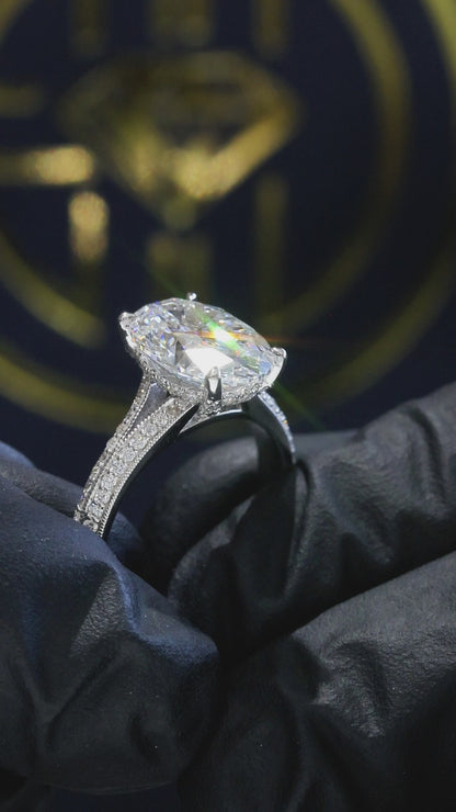 Oval-Cut Lab-Grown Diamond Split Shank Engagement Ring in White Gold | Pavé Cathedral Setting