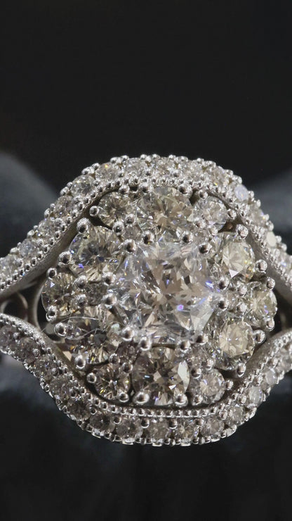Natural Diamond Cushion Cluster Swirl Halo Ring in White Gold | Vintage-Inspired Sculpted Design