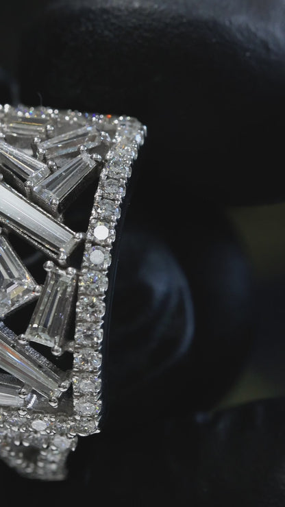 Natural Diamond Baguette Mosaic Wide Band Ring in White Gold | Modern Architectural Design