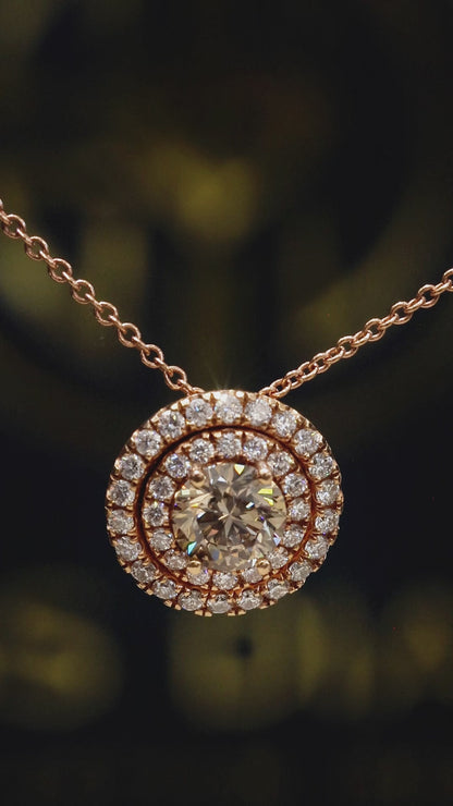 Natural Brown Round Diamond Double Halo Necklace in Rose Gold | Classic Halo Design