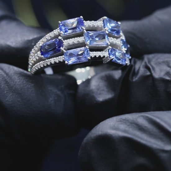 Natural Sapphire Diamond Multi-Row Band Ring 14K White Gold | 2.50 CT Houston Jeweler 