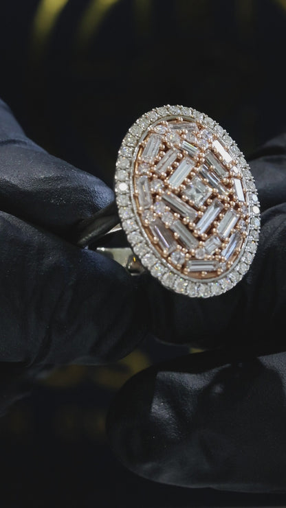 Natural Diamond Oval Dome Ring with Baguette Mosaic in Two-Tone Gold | Bold Statement Design
