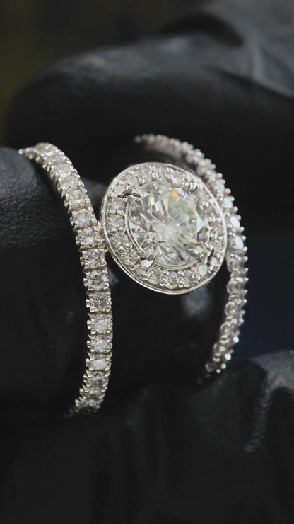 GIA Certified Natural Diamond Round Halo Engagement Ring with Split Pavé Band in White Gold