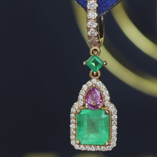 14k yellow gold emerald multi gemstone halo drop earrings with diamond pavé hoop luxury Houston fine jewelry