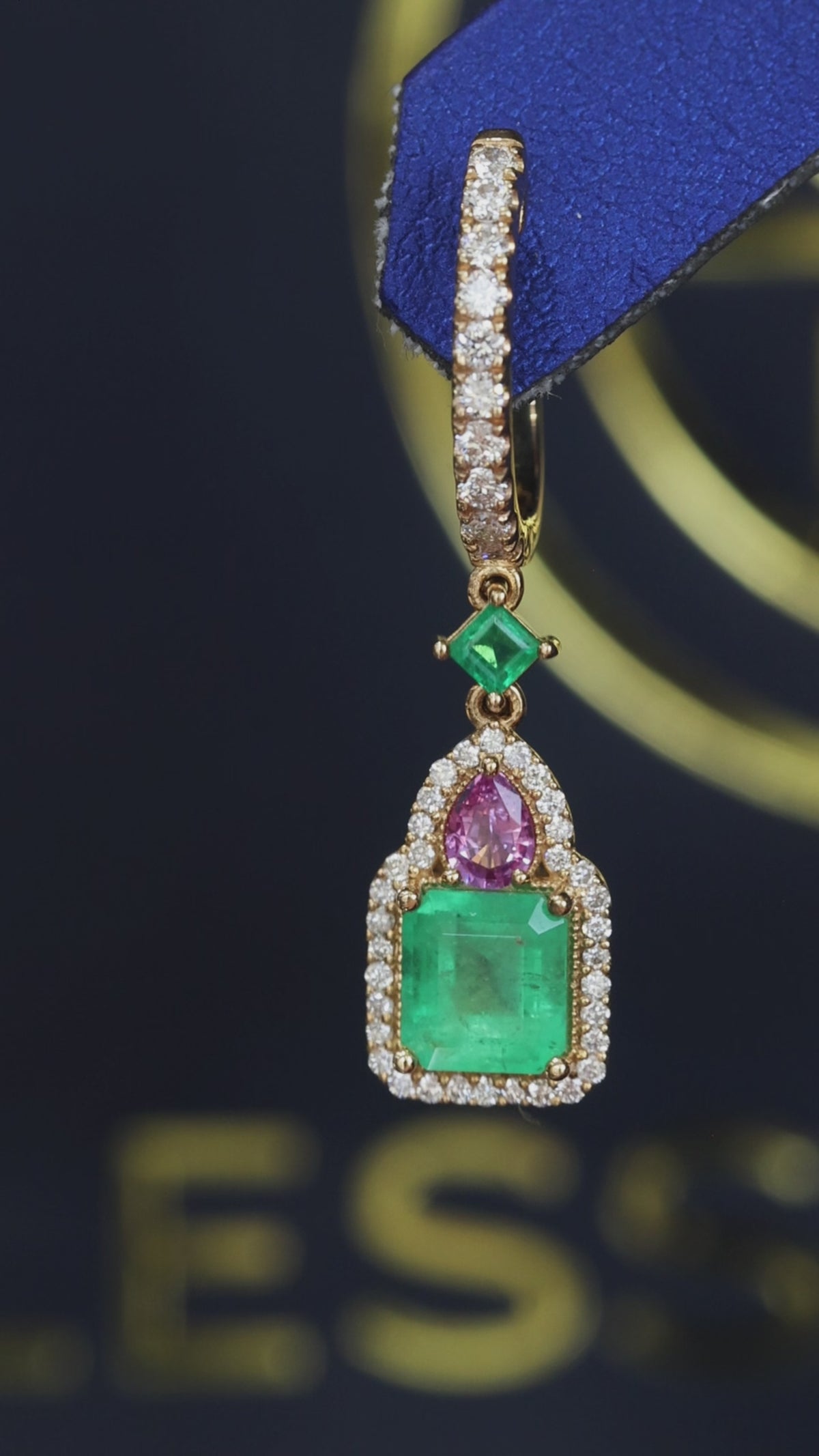 14k yellow gold emerald multi gemstone halo drop earrings with diamond pavé hoop luxury Houston fine jewelry