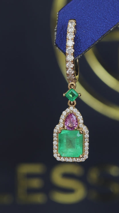 14k yellow gold emerald multi gemstone halo drop earrings with diamond pavé hoop luxury Houston fine jewelry