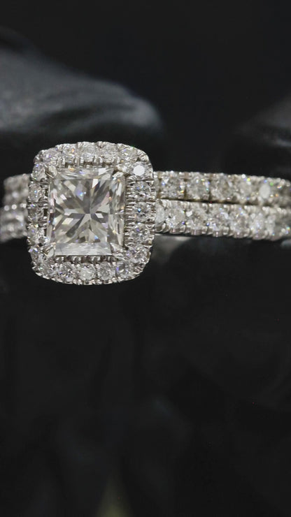 GIA Certified Natural Princess Cut Diamond Halo Engagement Ring with Pavé Band in White Gold | Classic Halo Design