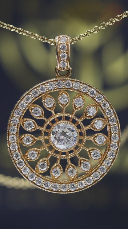 Natural Diamond Circular Medallion Necklace in Yellow Gold | Vintage Halo Design