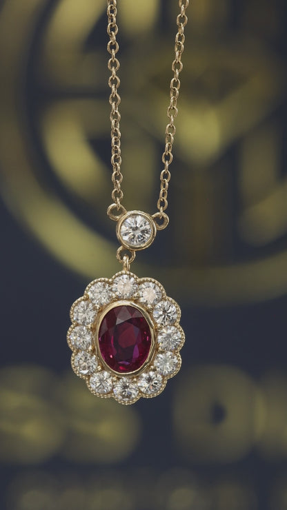 Natural Ruby & Diamond Halo Pendant Necklace in 14K Yellow Gold | Oval Ruby with Round Brilliant Diamond Frame