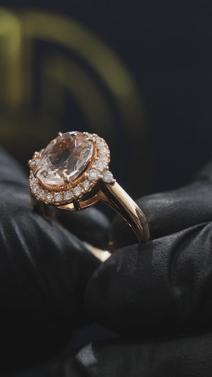 Classic Oval Morganite Halo Ring in Rose Gold | Diamond Halo & Elegant Split Shank Design