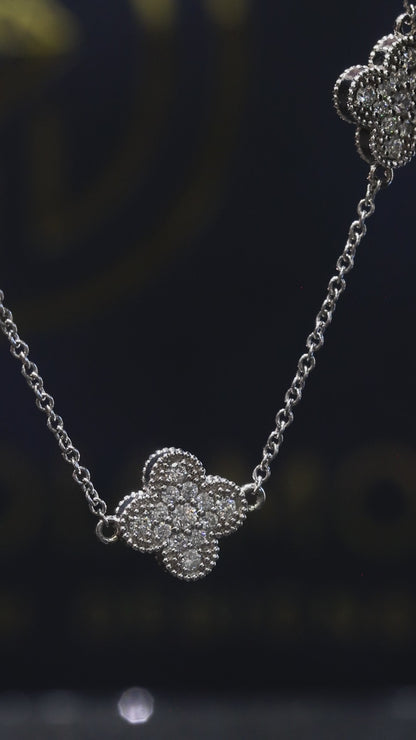 Natural Diamond Clover Station Necklace in White Gold | Elegant Floral Motif