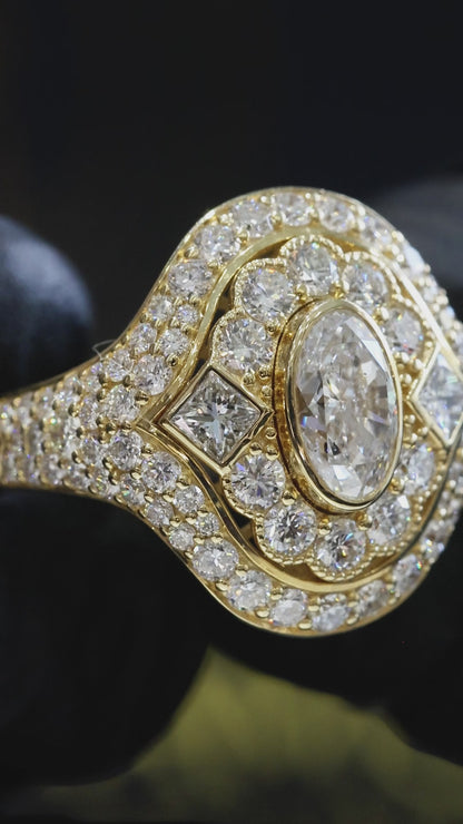 Natural Diamond Oval Halo Ring with Pavé Split Shank in Yellow Gold | Elegant Statement Design