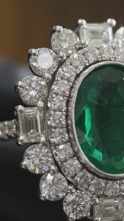 Oval Emerald Halo Ring in White Gold | Diamond Accents & Classic Double Halo Design