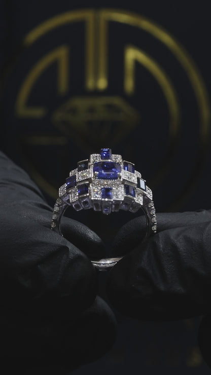 Sapphire & Diamond Multi-Halo Ring in White Gold | 1.20 CT Sapphire + .52 CTW Diamonds