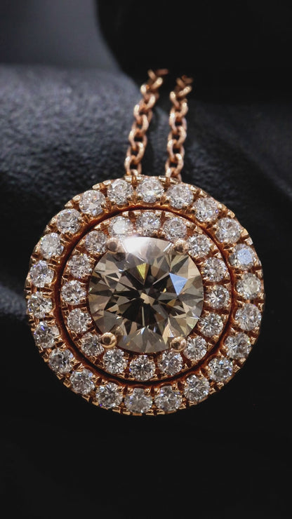 Natural Brown Round Diamond Double Halo Necklace in Rose Gold | Classic Halo Design