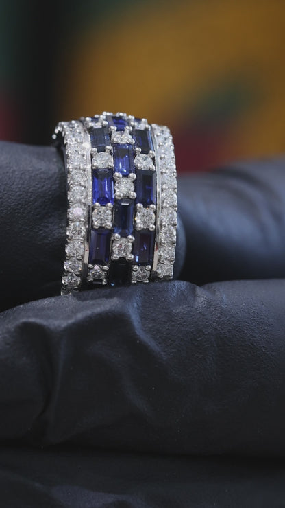 Blue Sapphire & Diamond Multi-Row Band in White Gold |3.55 ctw