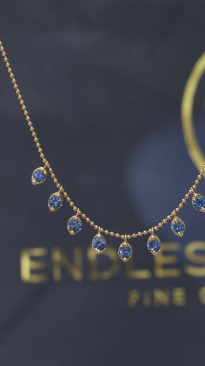 Natural Blue Sapphire Bezel Dangle Necklace in 14K Yellow Gold | Delicate Drop Station Design