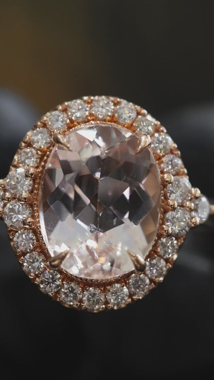 Classic Oval Morganite Halo Ring in Rose Gold | Diamond Halo & Elegant Split Shank Design