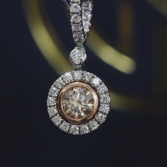 14k white gold champagne diamond halo drop earrings 2.95 carat GH SI diamonds luxury fine jewelry Houston TX