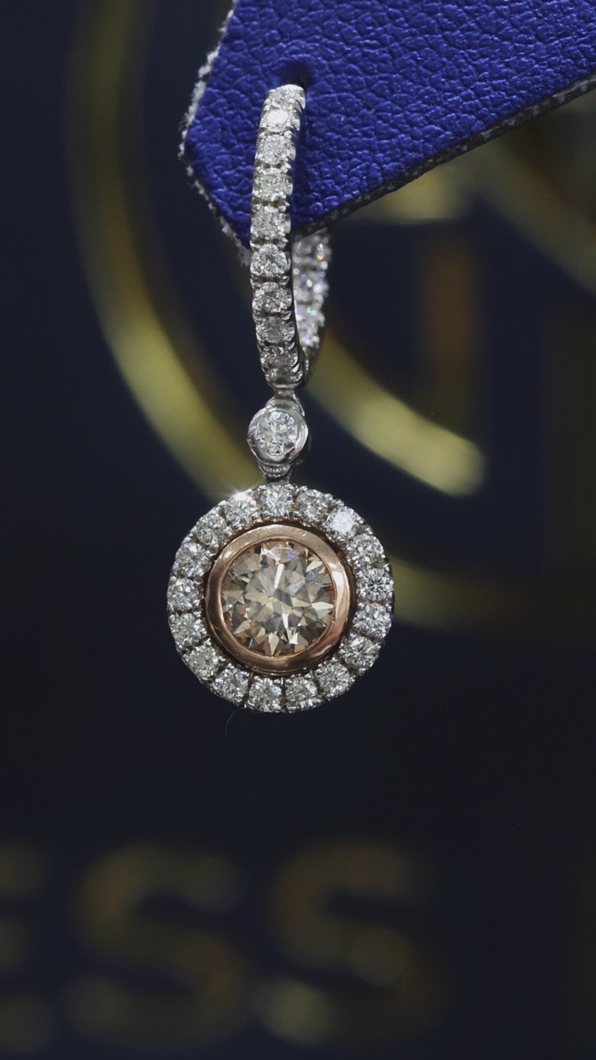 14k white gold champagne diamond halo drop earrings 2.95 carat GH SI diamonds luxury fine jewelry Houston TX